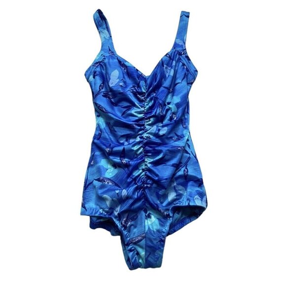 MAXINE of HOLLYWOOD One Piece Swimsuit Ruched Front Beachy Vacation Blue 14 5-40 - Picture 2 of 12